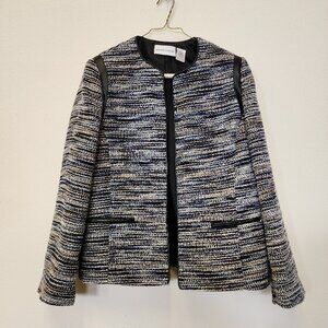 Alfred Dunner Jacket Blazer Women 8 Tweed Lined Faux Leather Trim Open